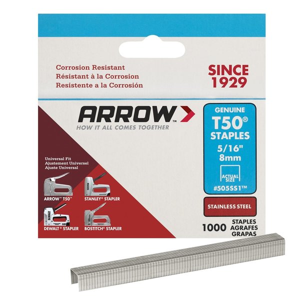Arrow Fastener Heavy Duty Staples, T50, 18 ga, Flat Crown, 5/16 in Leg L, Stainless Steel, 1000 PK 505SS1